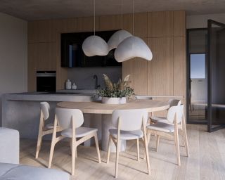 Minimalismus v té nejútulnější podobě. Čisté linie, přírodní materiály a decentní kombinace dřeva a betonu vytváří...