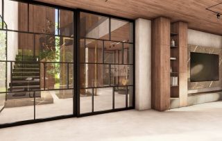 The space is dominated by an elegant glass wall with black frames, which connects the rooms while ensuring plenty of...